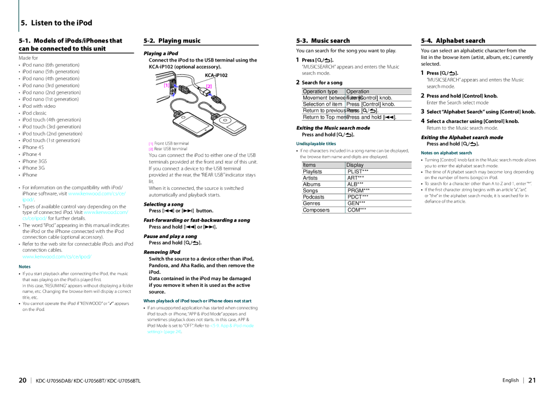 Kenwood KDC-U7056DAB appendix Listen to the iPod, Models of iPods/iPhones that can be connected to this unit, Playing music 