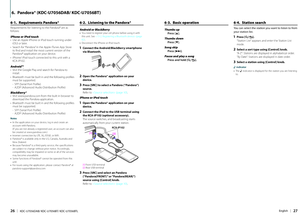 Kenwood appendix Pandora KDC-U7056DAB/ KDC-U7056BT, Requirements Pandora, Listening to the Pandora, Basic operation 