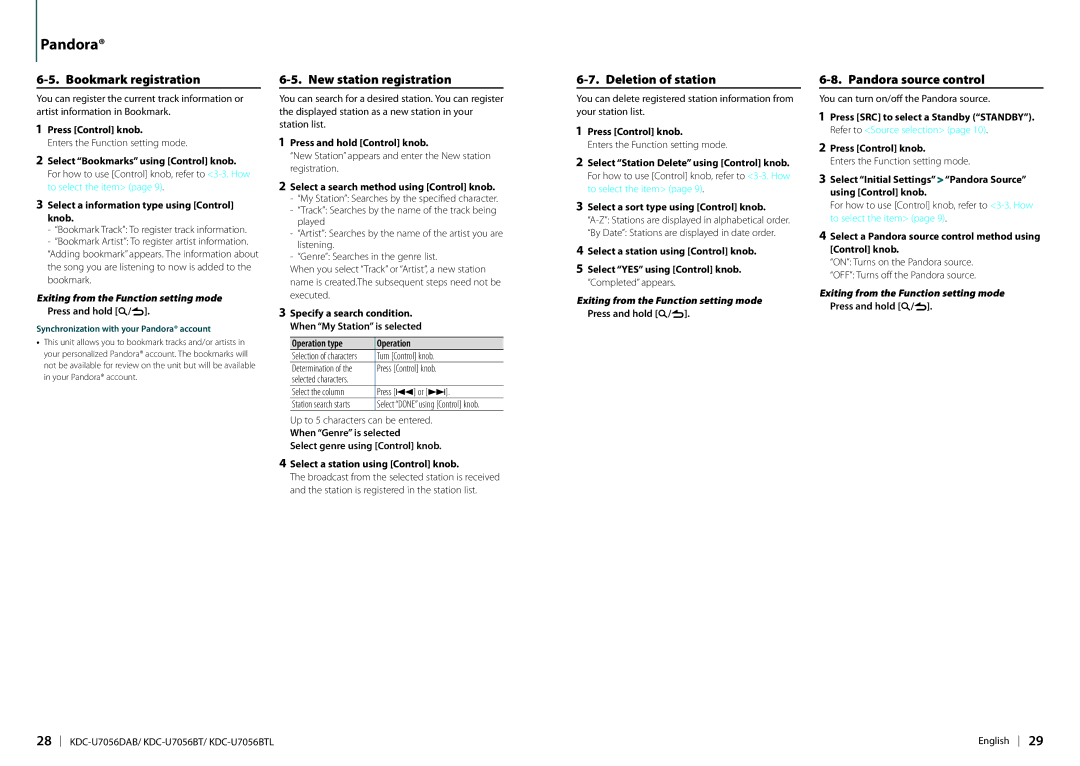 Kenwood KDC-U7056DAB Bookmark registration, New station registration, Deletion of station, Pandora source control 