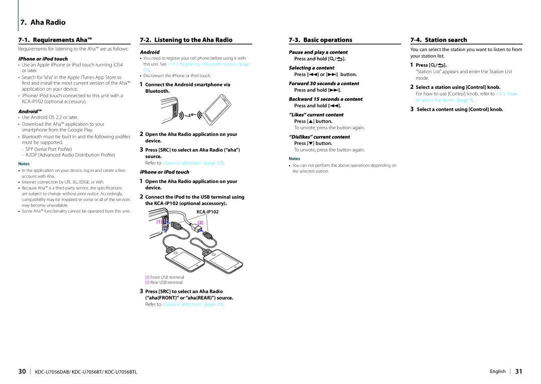 Kenwood KDC-U7056DAB appendix Requirements Aha, Listening to the Aha Radio, Basic operations 