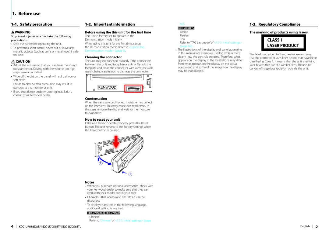 Kenwood KDC-U7056DAB appendix Before use, Safety precaution, Important information, Regulatory Compliance 