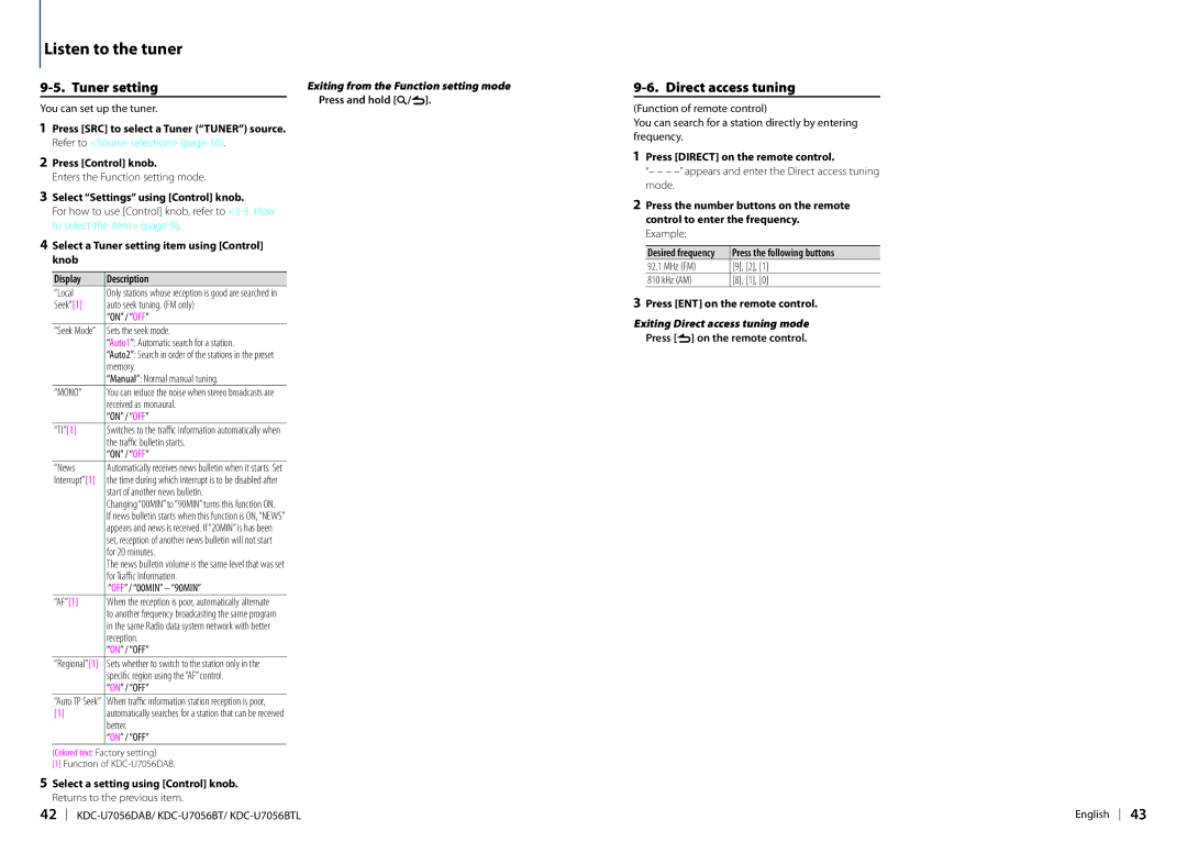 Kenwood KDC-U7056DAB appendix Tuner setting, Direct access tuning, Select Settings using Control knob 