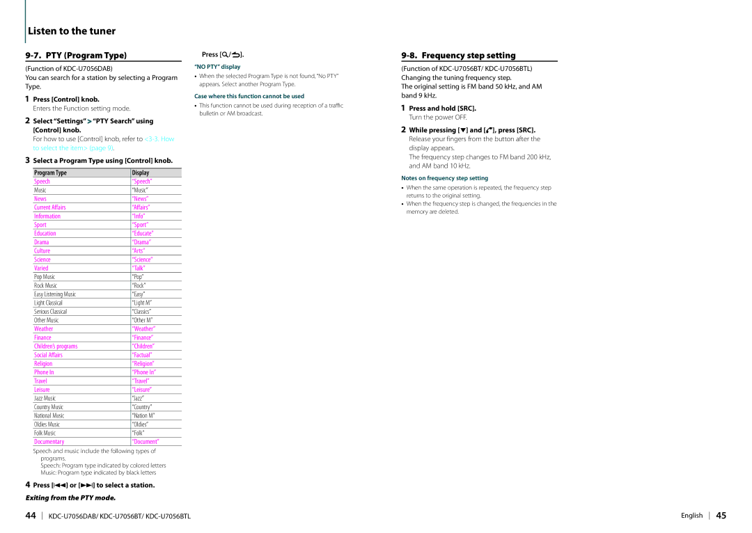 Kenwood KDC-U7056DAB appendix PTY Program Type, Frequency step setting, Select Settings PTY Search using Control knob 