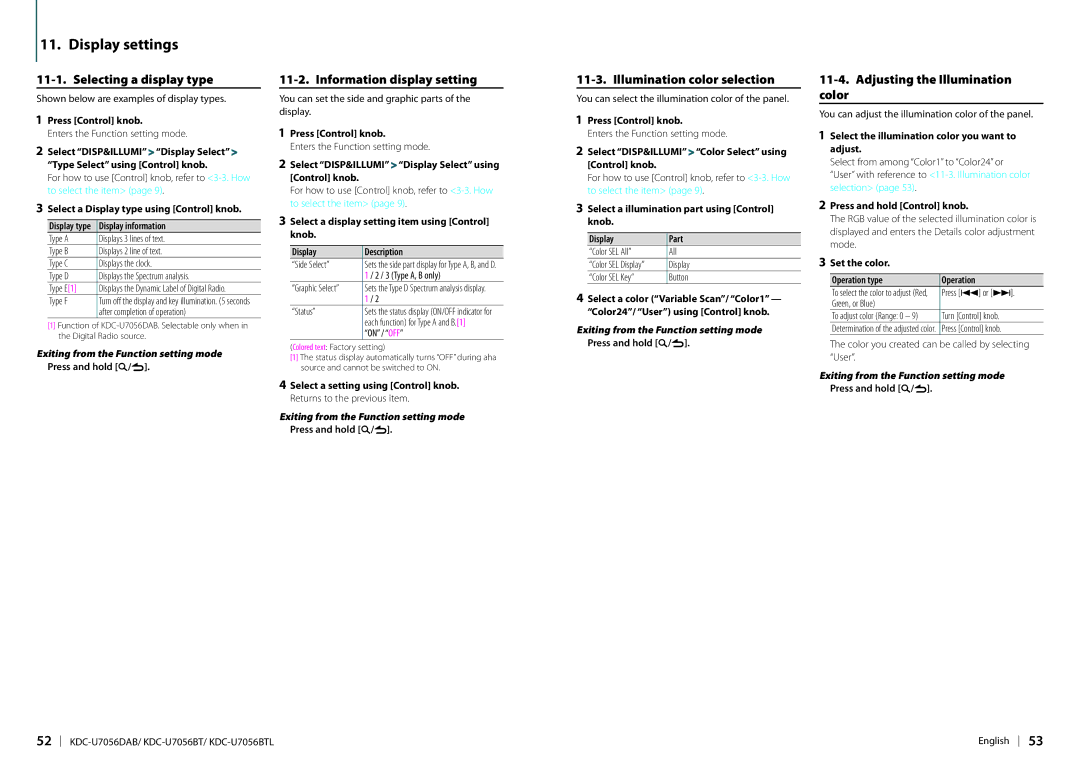 Kenwood KDC-U7056DAB Display settings, Selecting a display type, Information display setting, Illumination color selection 