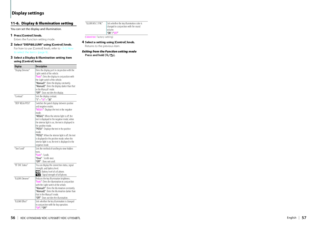 Kenwood KDC-U7056DAB appendix Display & Illumination setting 
