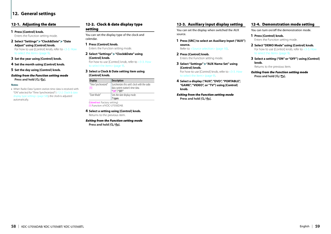 Kenwood KDC-U7056DAB General settings, Adjusting the date, Clock & date display type setting, Demonstration mode setting 