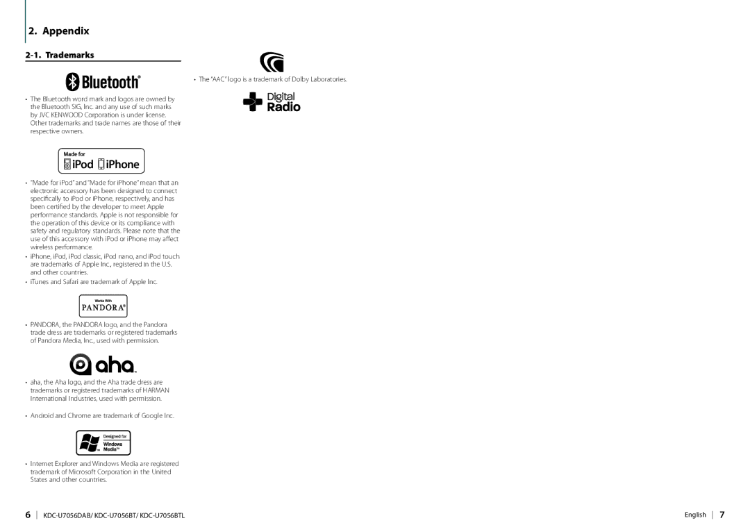 Kenwood KDC-U7056DAB appendix Appendix, Trademarks 