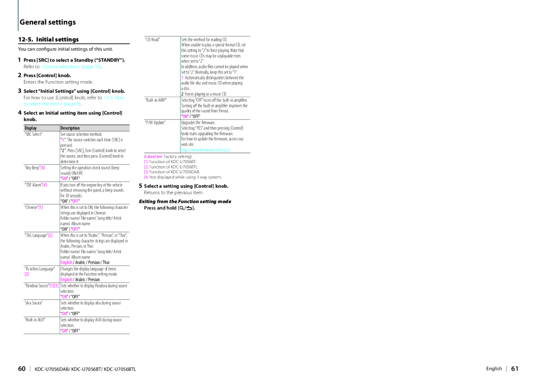 Kenwood KDC-U7056DAB appendix Initial settings 