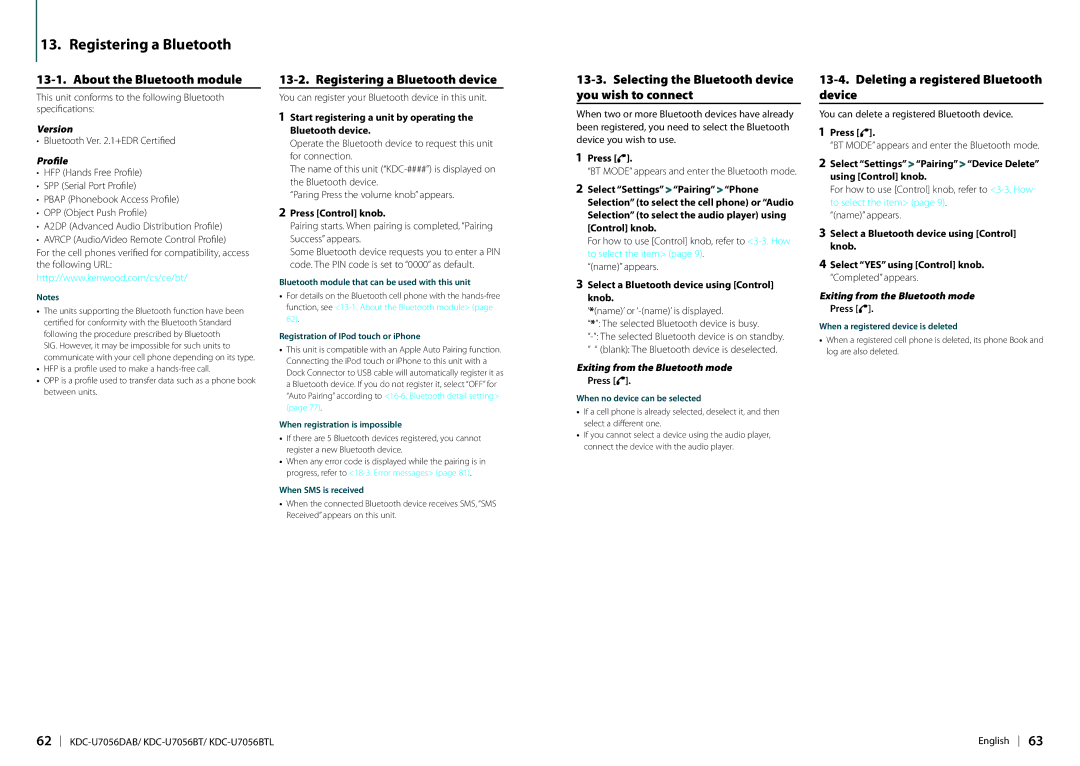 Kenwood KDC-U7056DAB appendix About the Bluetooth module, Registering a Bluetooth device 