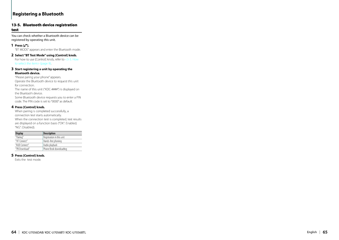 Kenwood KDC-U7056DAB appendix Bluetooth device registration test, Display Description 