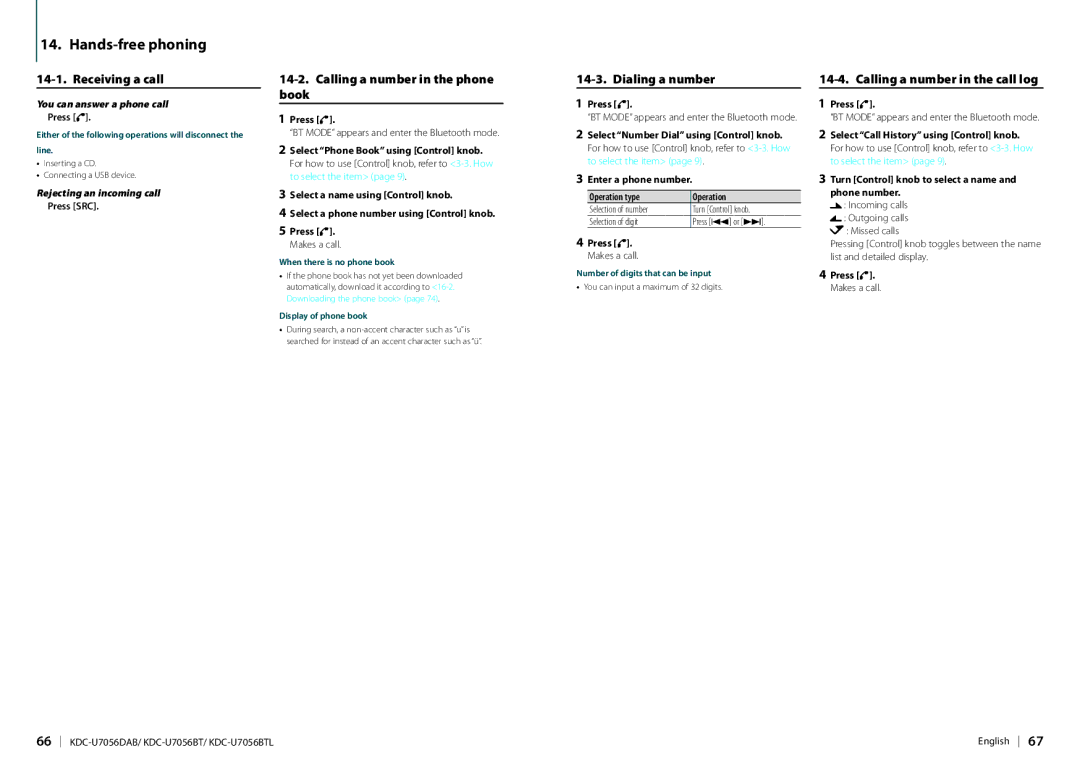 Kenwood KDC-U7056DAB appendix Hands-free phoning, Receiving a call, Calling a number in the phone book, Dialing a number 