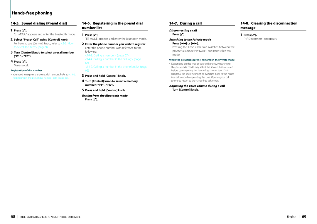 Kenwood KDC-U7056DAB appendix Registering in the preset dial number list, During a call, Clearing the disconnection message 