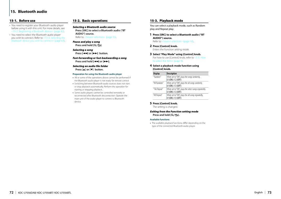 Kenwood KDC-U7056DAB appendix Before use, Selecting a Bluetooth audio source, Pause and play a song 