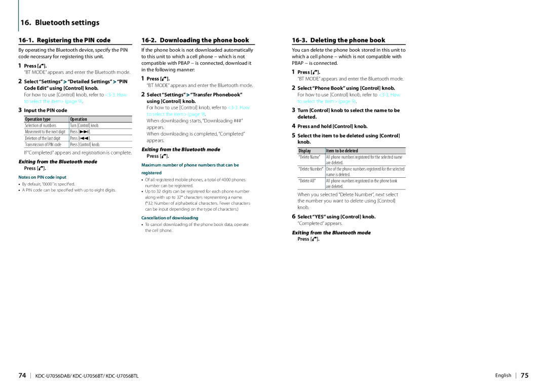 Kenwood KDC-U7056DAB Bluetooth settings, Registering the PIN code, Downloading the phone book, Deleting the phone book 