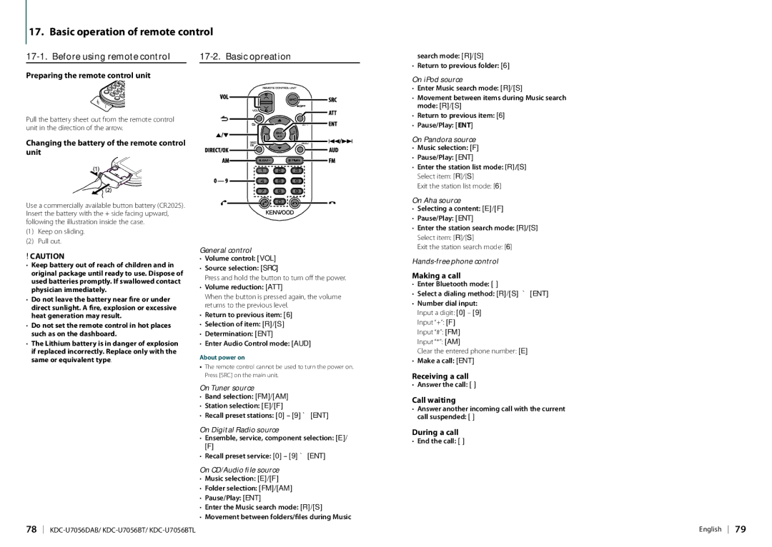 Kenwood KDC-U7056DAB appendix Basic operation of remote control, Before using remote control, Basic opreation 