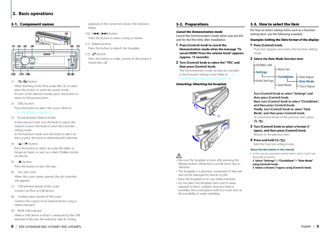 Kenwood KDC-U7056DAB appendix Basic operations, Component names, Preparations, How to select the item 