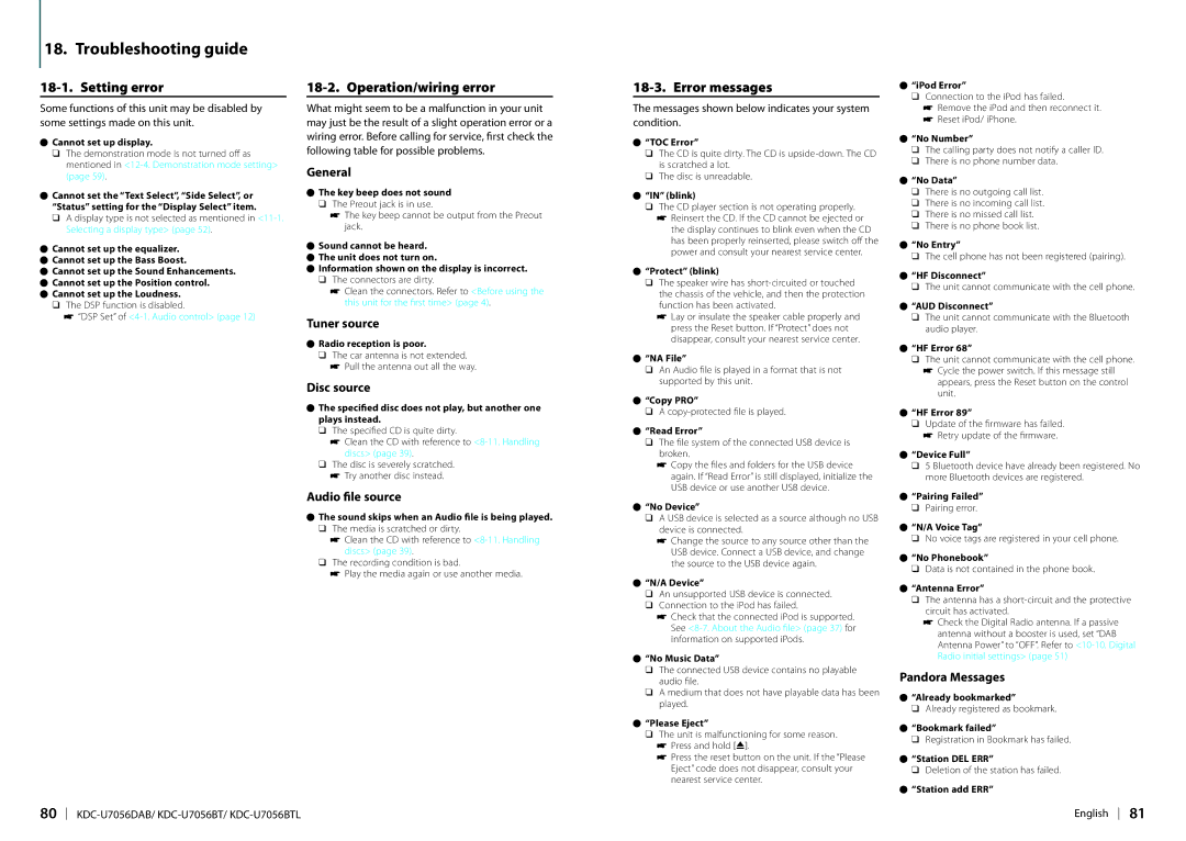 Kenwood KDC-U7056DAB appendix Troubleshooting guide, Setting error, Operation/wiring error, Error messages 