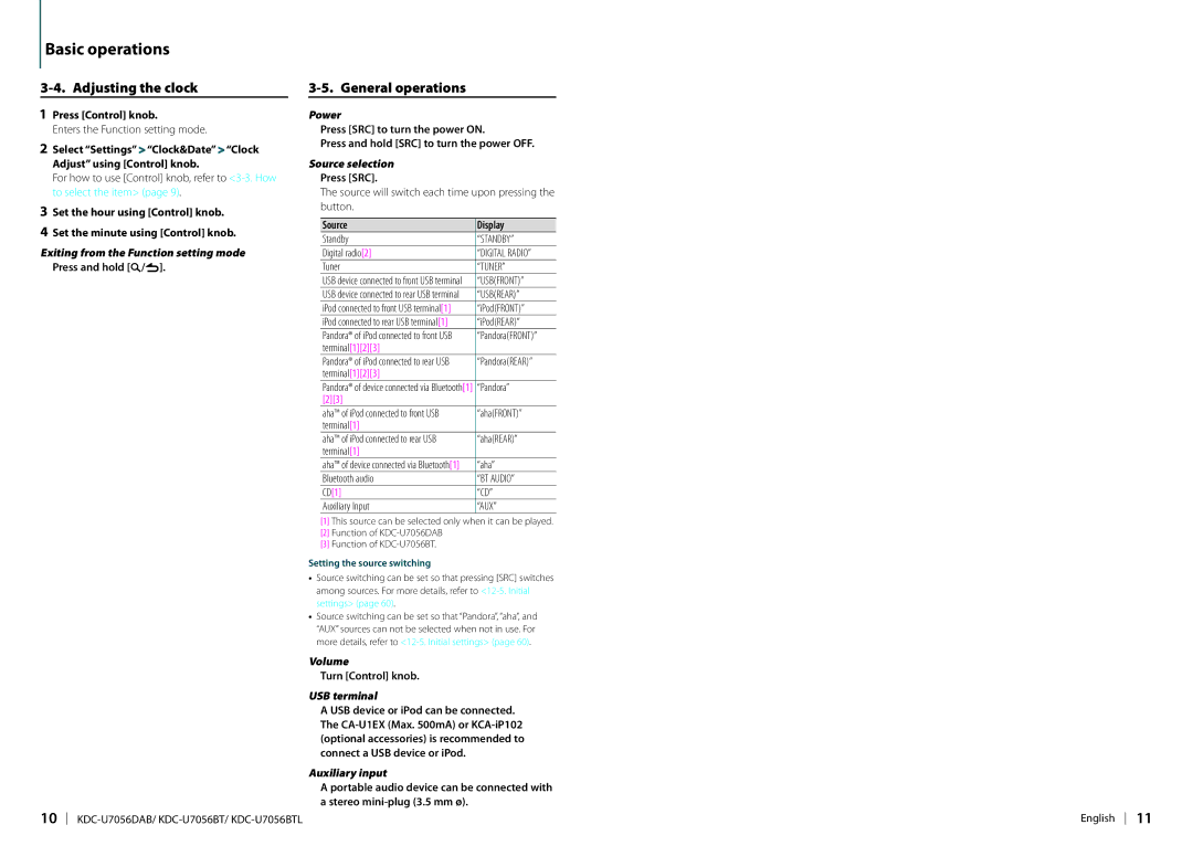 Kenwood KDC-U7056DAB appendix Power, Volume, USB terminal, Auxiliary input 