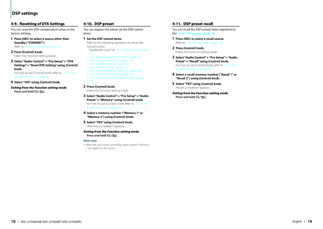 Kenwood KDC-U7056DAB appendix Resetting of DTA Settings, DSP preset recall, Select YES using Control knob 