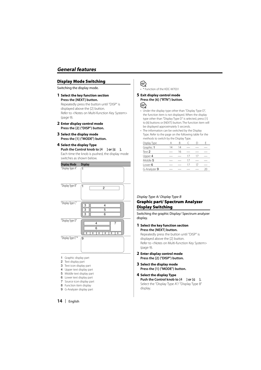 Kenwood KDC-W8531 Display Mode Switching, Graphic part/ Spectrum Analyzer Display Switching, Switching the display mode 