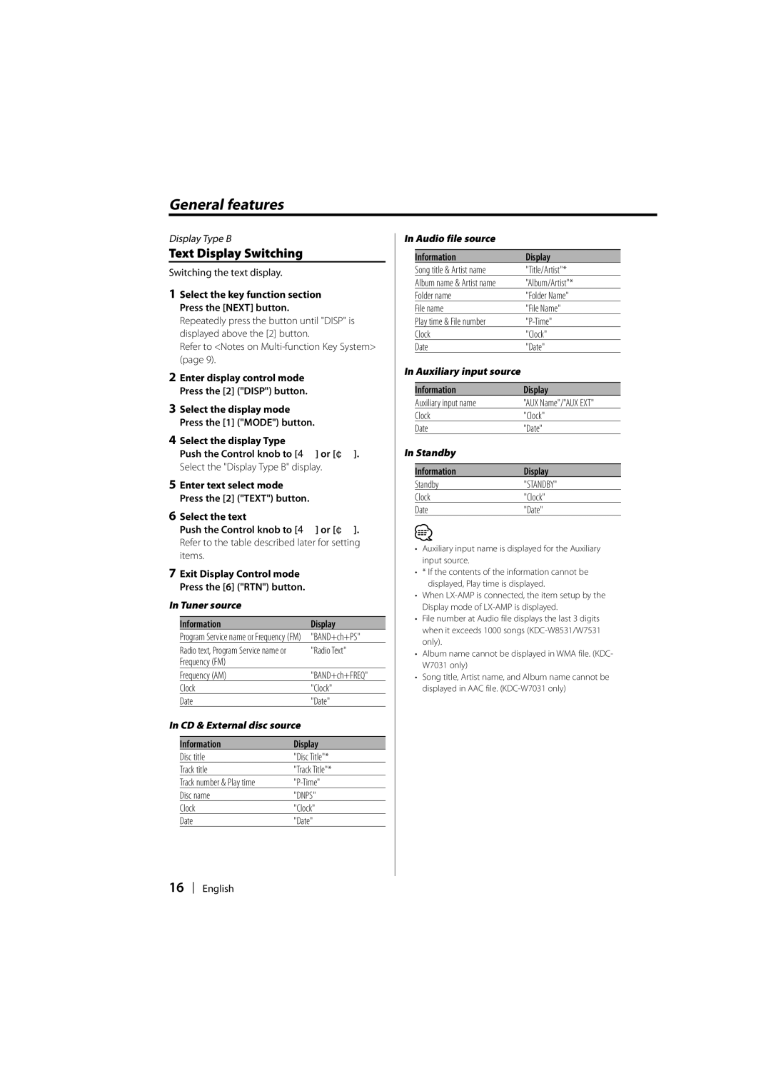 Kenwood KDC-W7031, KDC-W7531 Text Display Switching, Tuner source, CD & External disc source, Audio file source, Standby 