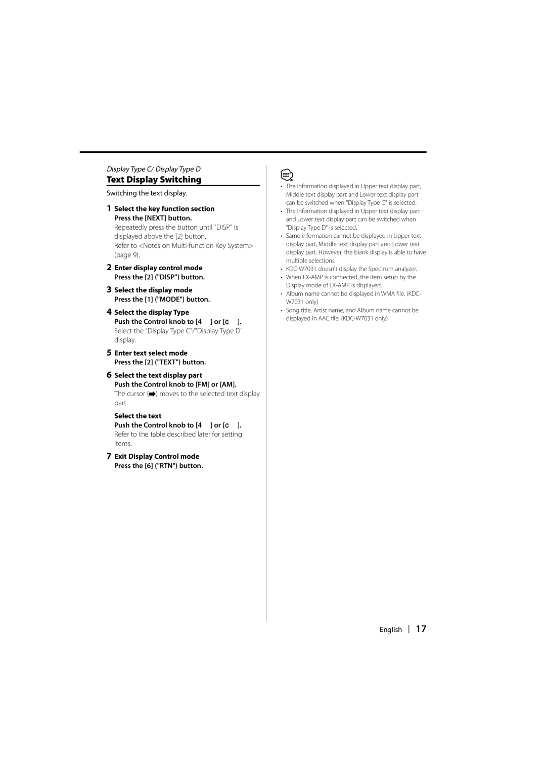 Kenwood KDC-W8531, KDC-W7531, KDC-W7031 instruction manual Cursor moves to the selected text display part 