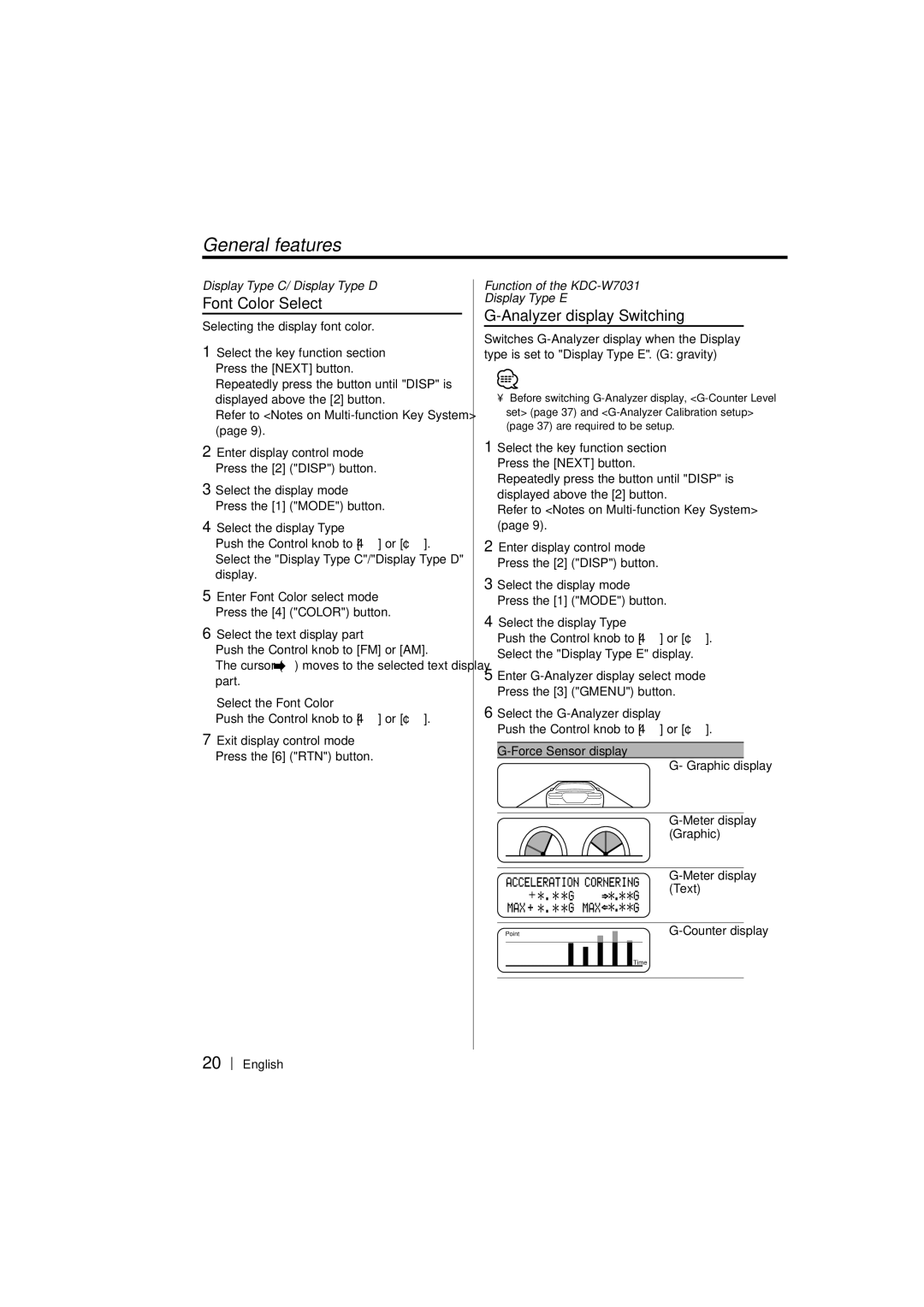 Kenwood KDC-W8531 Font Color Select, Analyzer display Switching, Select the Font Color Push the Control knob to 4 or ¢ 