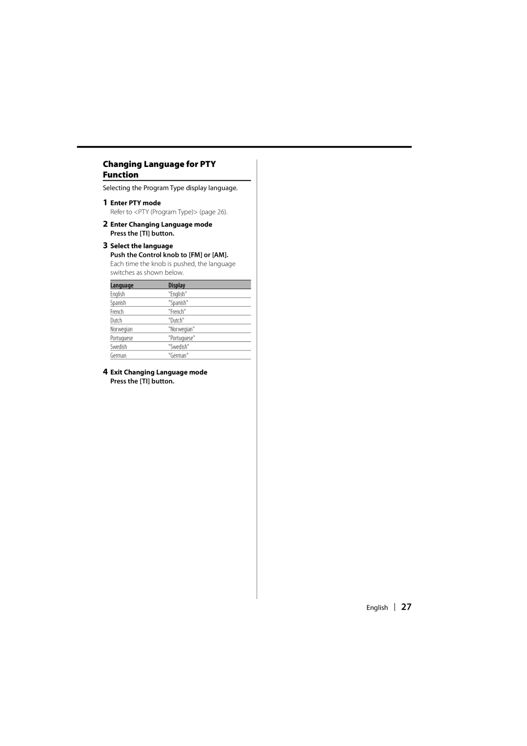 Kenwood KDC-W7531, KDC-W7031, KDC-W8531 Changing Language for PTY Function, Selecting the Program Type display language 