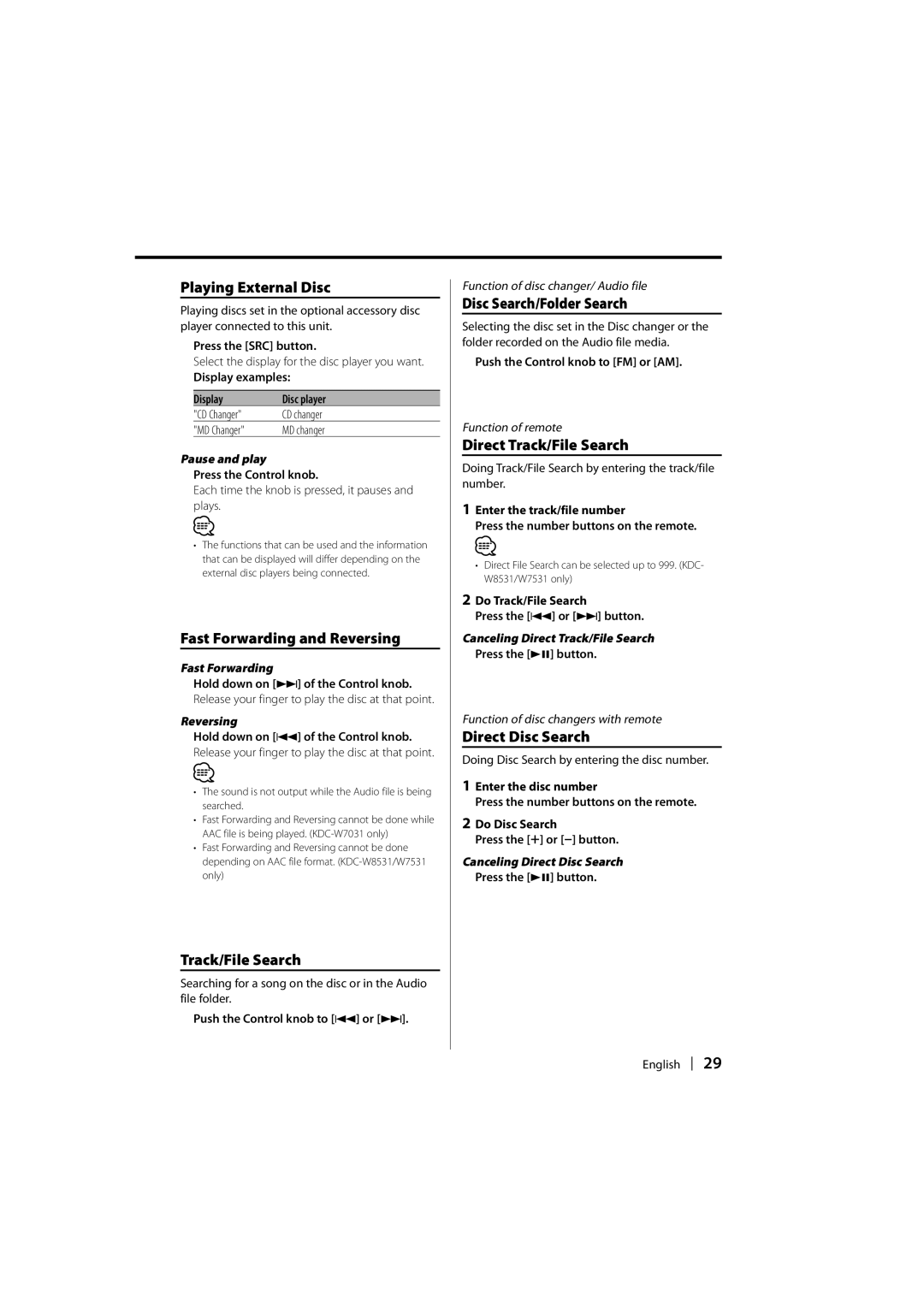 Kenwood KDC-W8531 Playing External Disc, Fast Forwarding and Reversing, Track/File Search, Disc Search/Folder Search 