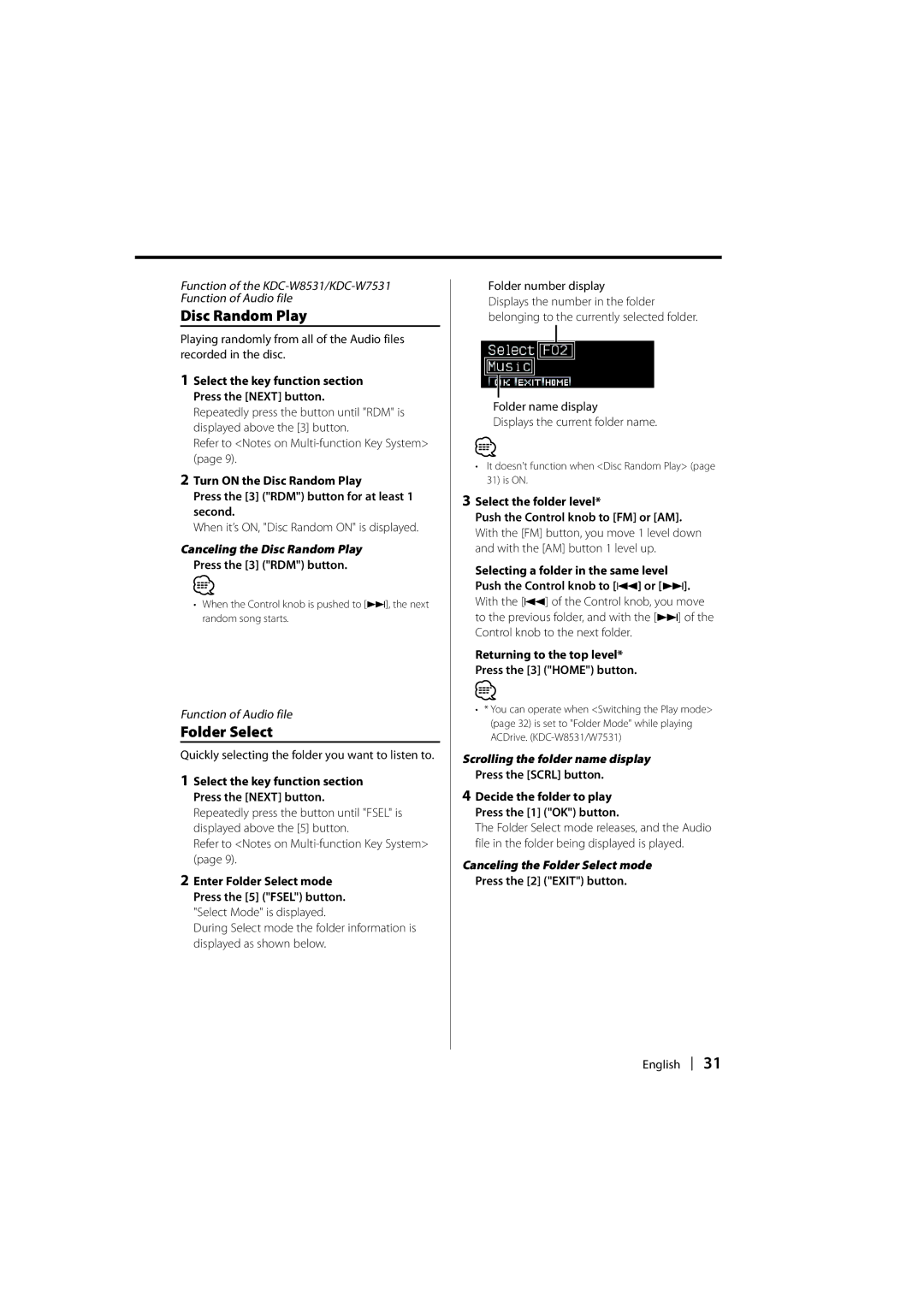 Kenwood KDC-W7031, KDC-W7531 Folder Select, Canceling the Disc Random Play, Scrolling the folder name display 