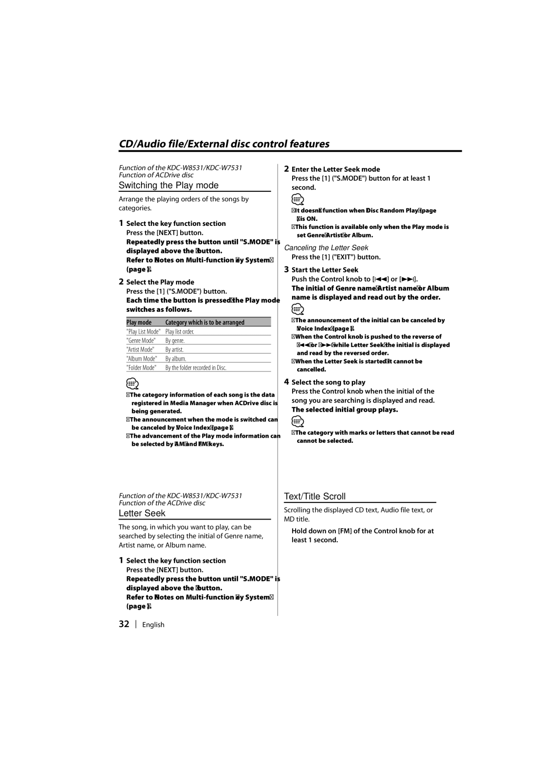 Kenwood KDC-W8531, KDC-W7531, KDC-W7031 Switching the Play mode, Text/Title Scroll, Canceling the Letter Seek 
