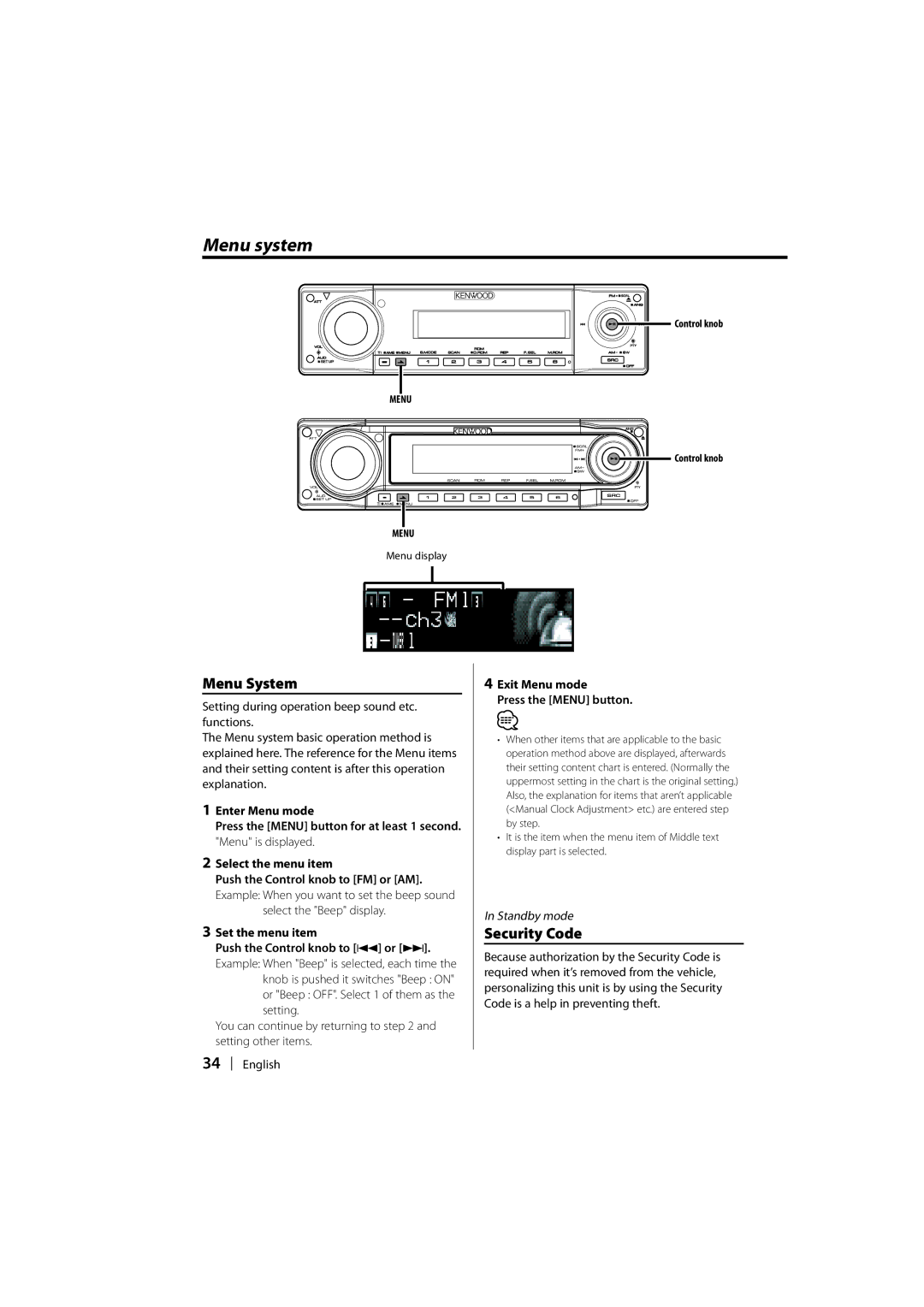 Kenwood KDC-W7031, KDC-W7531 Menu system, Security Code, Select the Beep display, Set the menu item, Menu display 