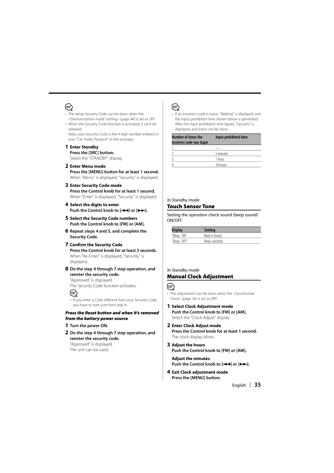 Kenwood KDC-W8531, KDC-W7531, KDC-W7031 instruction manual Touch Sensor Tone, Manual Clock Adjustment 