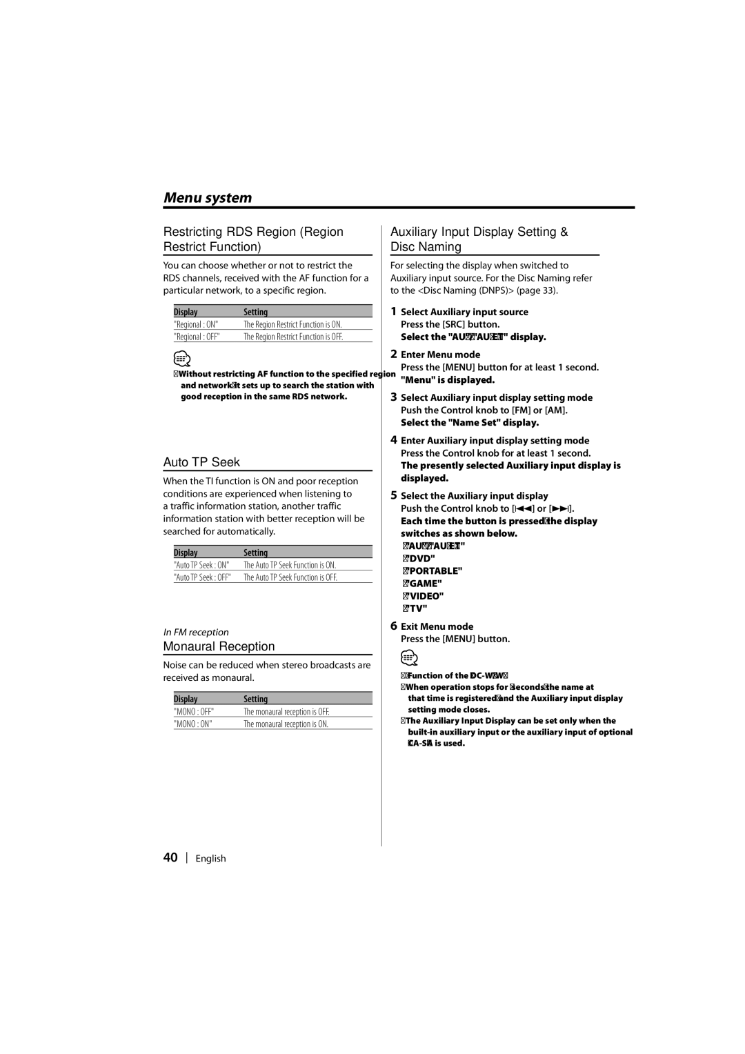 Kenwood KDC-W7031, KDC-W7531, KDC-W8531 Restricting RDS Region Region Restrict Function, Auto TP Seek, Monaural Reception 