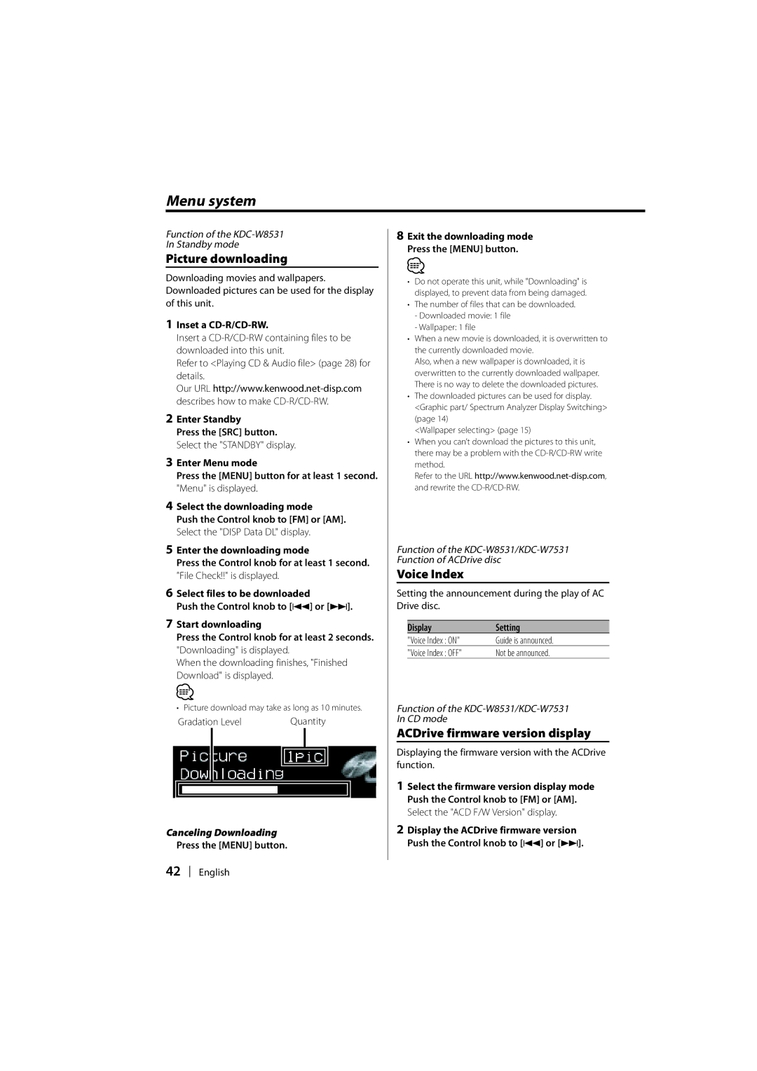 Kenwood KDC-W7531, KDC-W7031 Picture downloading, Voice Index, ACDrive firmware version display, Inset a CD-R/CD-RW 