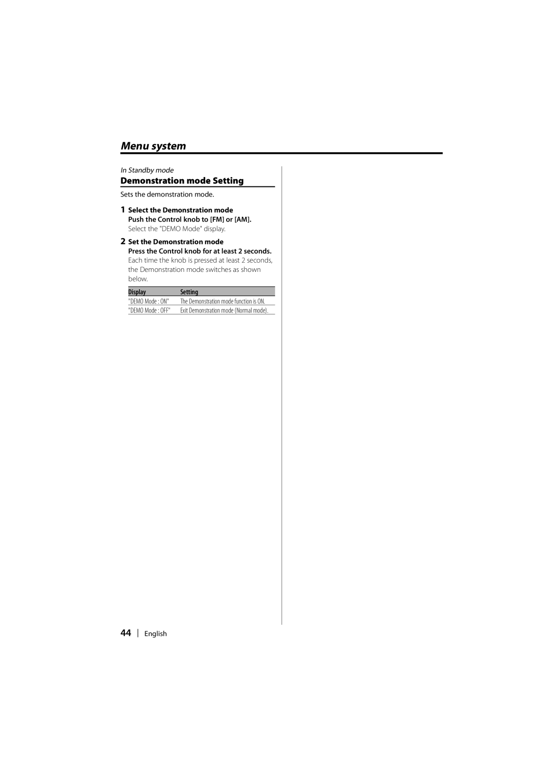 Kenwood KDC-W8531, KDC-W7531, KDC-W7031 instruction manual Demonstration mode Setting, Sets the demonstration mode 