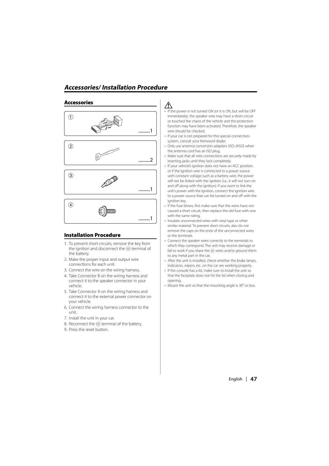 Kenwood KDC-W8531, KDC-W7531, KDC-W7031 Accessories/ Installation Procedure, Accessories Installation Procedure 