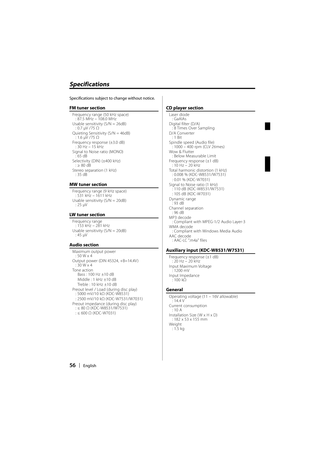 Kenwood KDC-W8531, KDC-W7531, KDC-W7031 instruction manual Specifications 