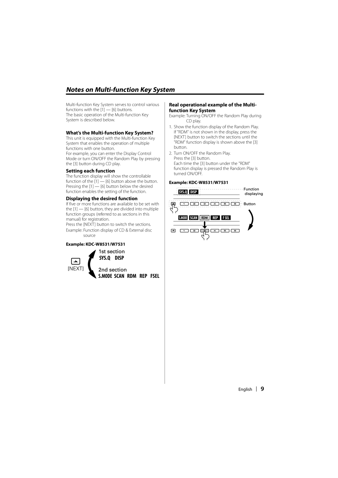 Kenwood KDC-W7531, KDC-W7031 What’s the Multi-function Key System?, Setting each function, Displaying the desired function 