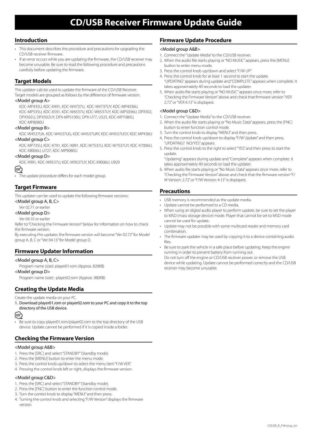 Kenwood KDC-MP435U, U727 manual Introduction, Target Models, Target Firmware, Firmware Updater Information, Precautions 