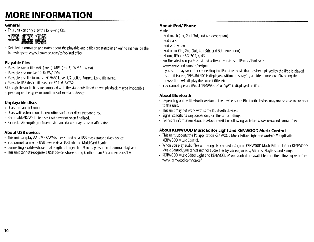 Kenwood KDC-X597 instruction manual About iPod/iPhone, Playable files, About Bluetooth, Unplayable discs, About USB devices 