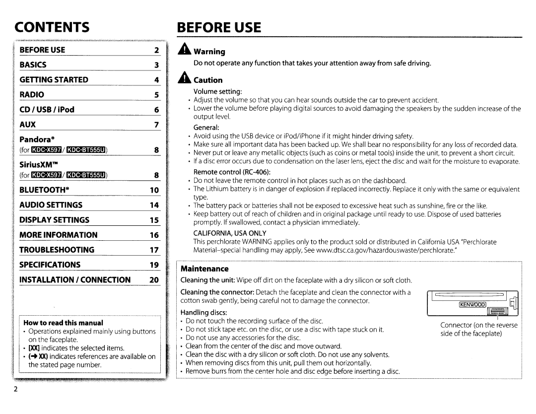 Kenwood KDC-X597 instruction manual Contents 