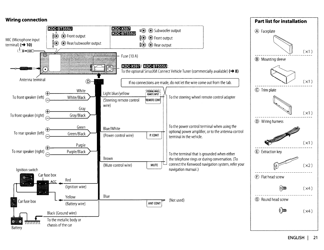 Kenwood KDC-X597 Wiring connection, Part list for installation, LtottJi..1e1e11J, ~ @Rear output, Light blue/yellow 