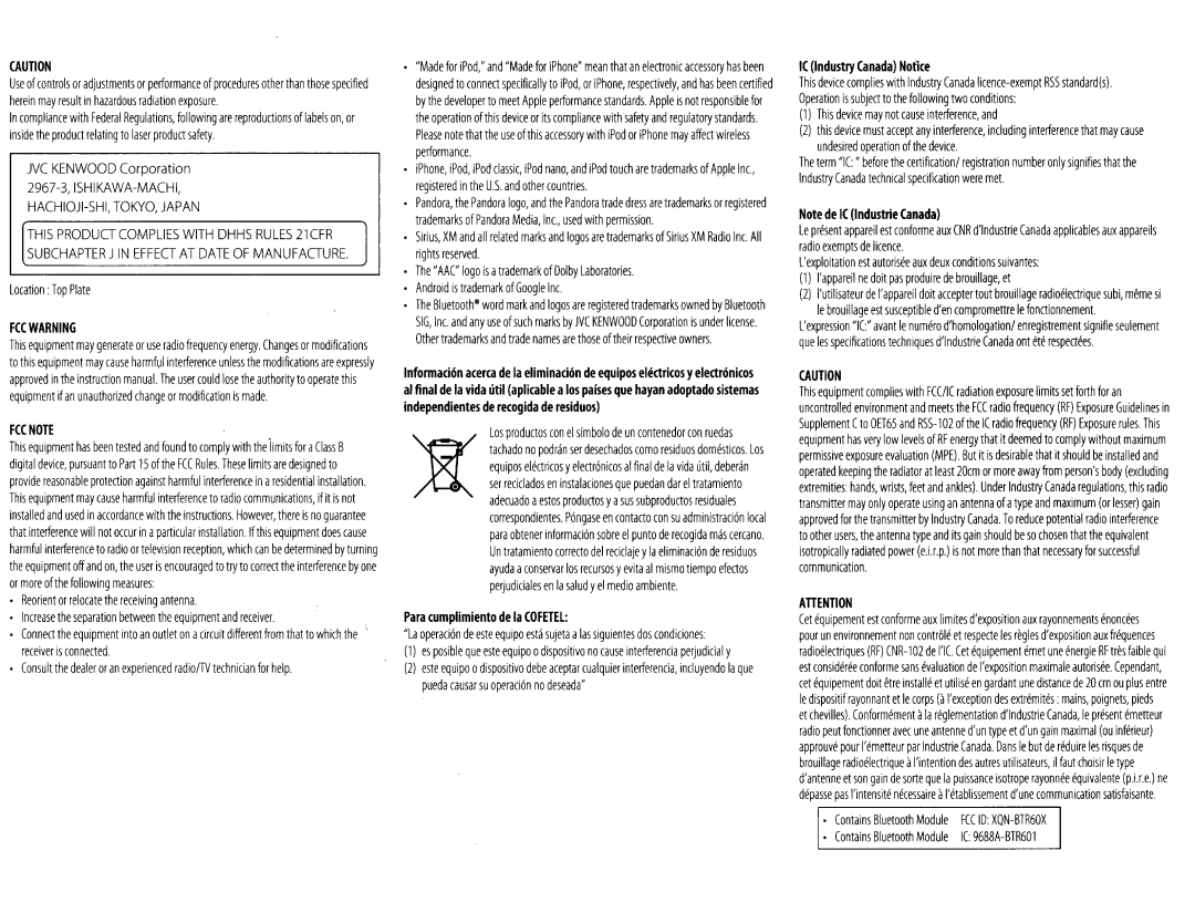 Kenwood KDC-X597 instruction manual Para cumplimiento de Ia Cofetel 