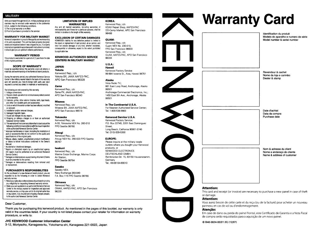 Kenwood KDC-X597 instruction manual JVC Kenwood Customer Information Center, Military 