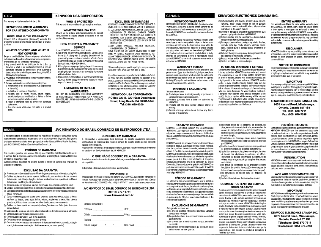 Kenwood KDC-X597 instruction manual Kenwood USA Corporation, Kenwood Electronics Canada INC 