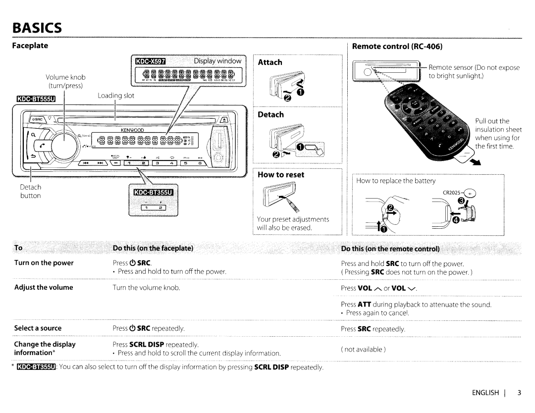 Kenwood KDC-X597 instruction manual Faceplate, Detach How to reset, Remote control RC-406 