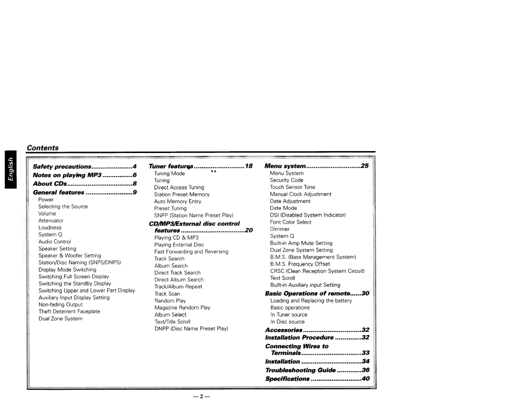 Kenwood KDC-719 Safety Precautions On playing MP3 About CDs, Features, Tuner featurgs, Menu system ....--.~--..-~~ 