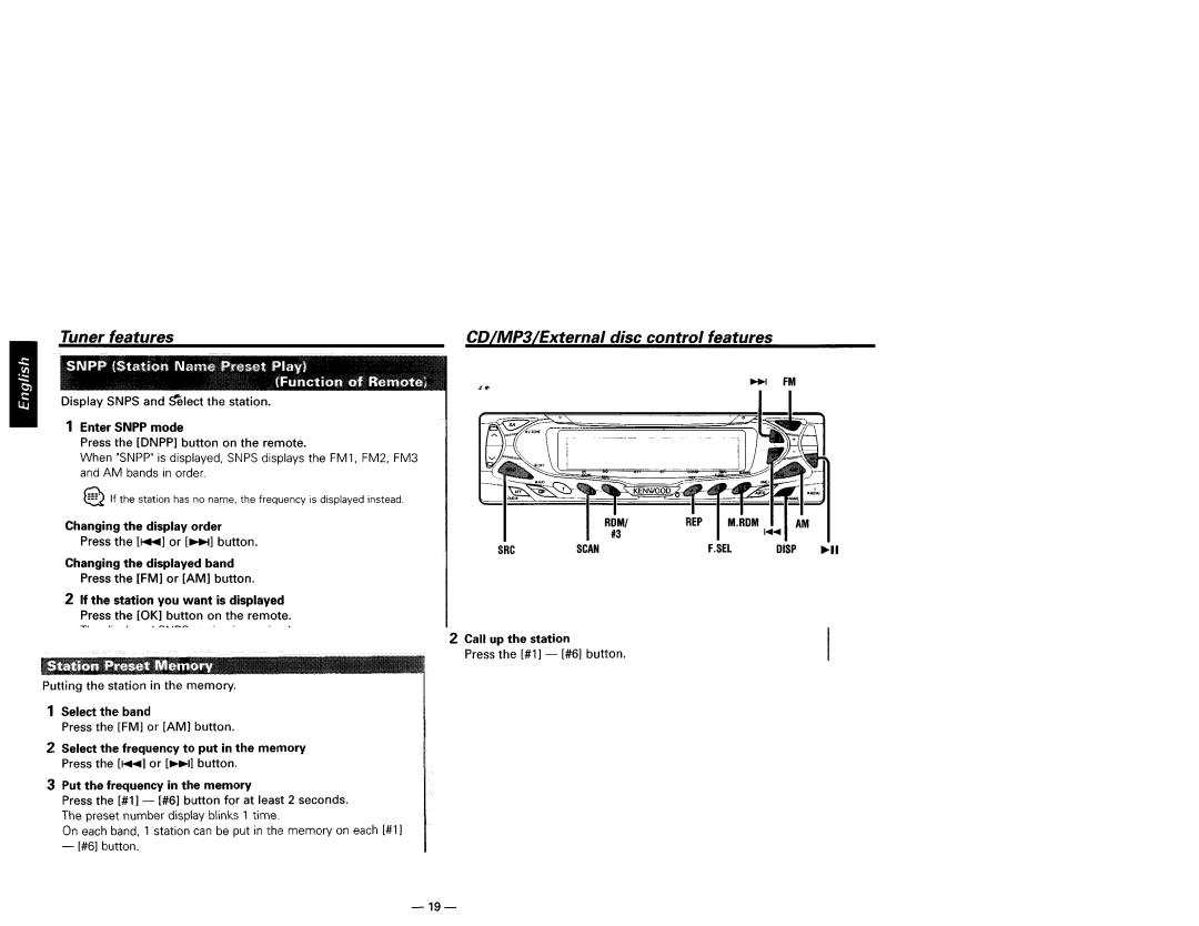 Kenwood KDC-X659, KDC-X559, KDC-719, KDC-MP819 Tuner features CD/MP3/External Disc control features, Scan SEL 