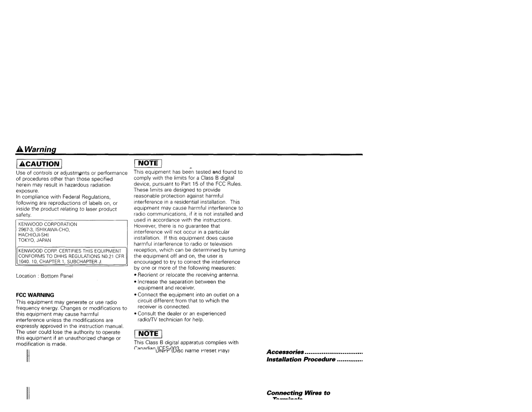 Kenwood KDC-MP819, KDC-X659, KDC-X559, KDC-719 instruction manual Warnina, FCC Warning 